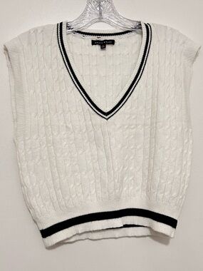 Light Academia White Cable Knit Varsity Sweater Vest Cropped V-Neck Preppy Large